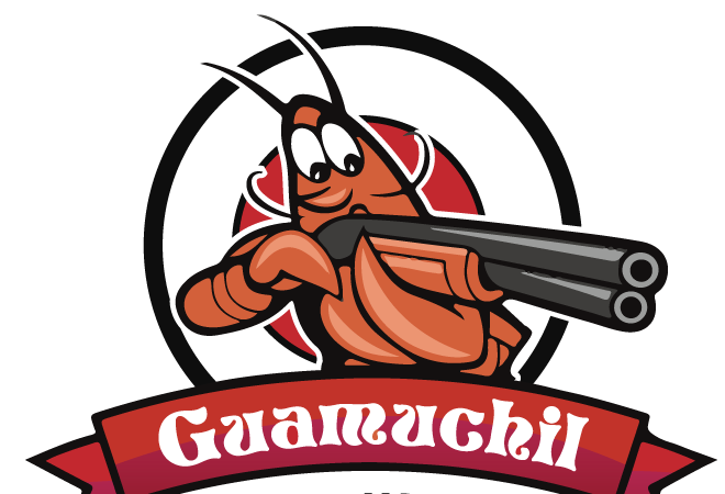 Sushi y Mariscos Guamuchil logo: a cartoon shrimp holding a double-barrel shotgun inside a red and black ring, the name Guamuchil on a red ribbon